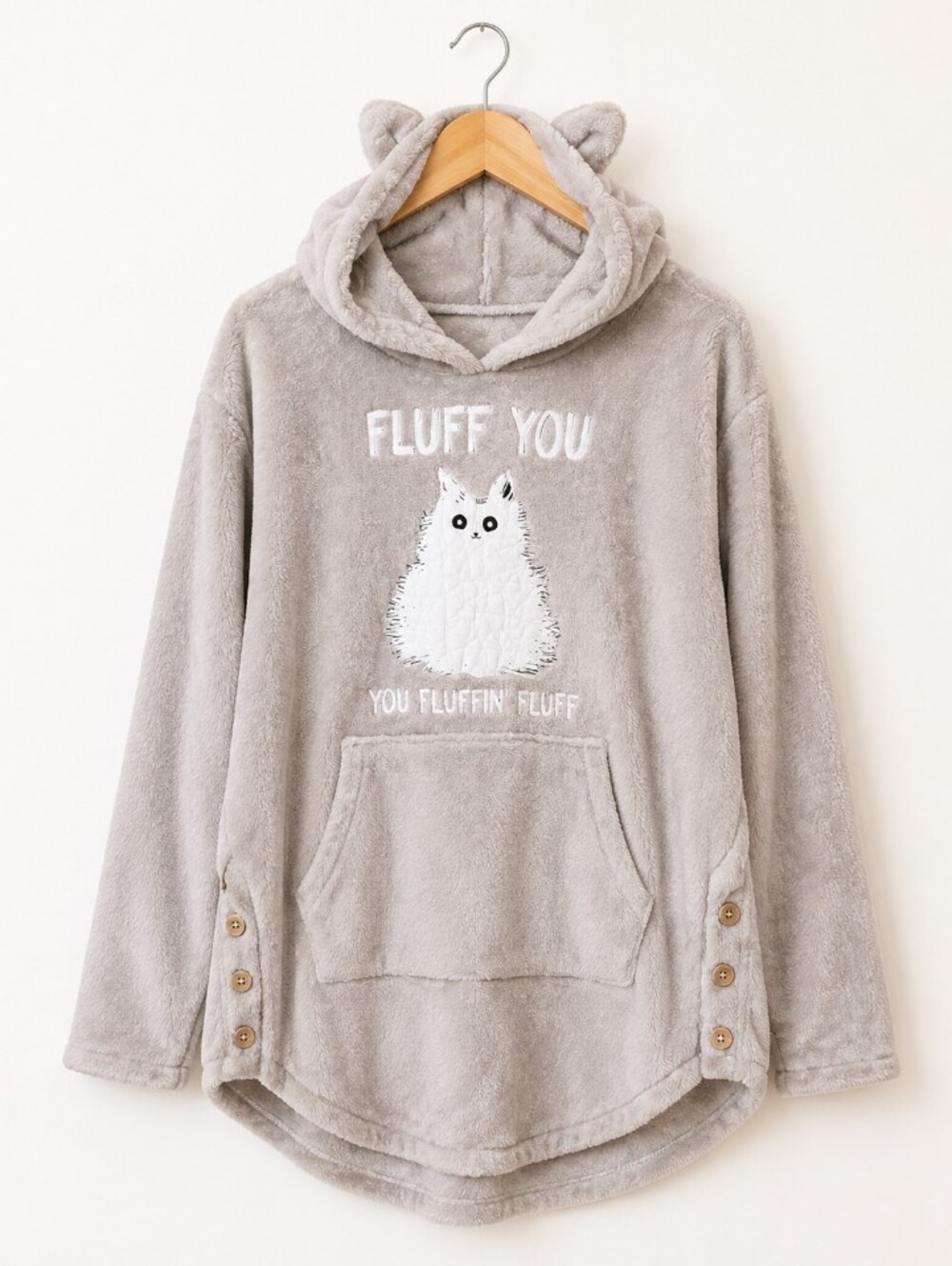 Fluffy Cat Hooded Pajama Lounge Top Gray Size Small Plush Cozy